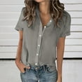 thumbnail image 2 of Womens Cotton Linen Tops V Neck Button Down Short Sleeve Tee Plain Causal Blouses Loose Fit Daily Work Outfits Summer Trendy Basic T-Shirt, 2 of 6