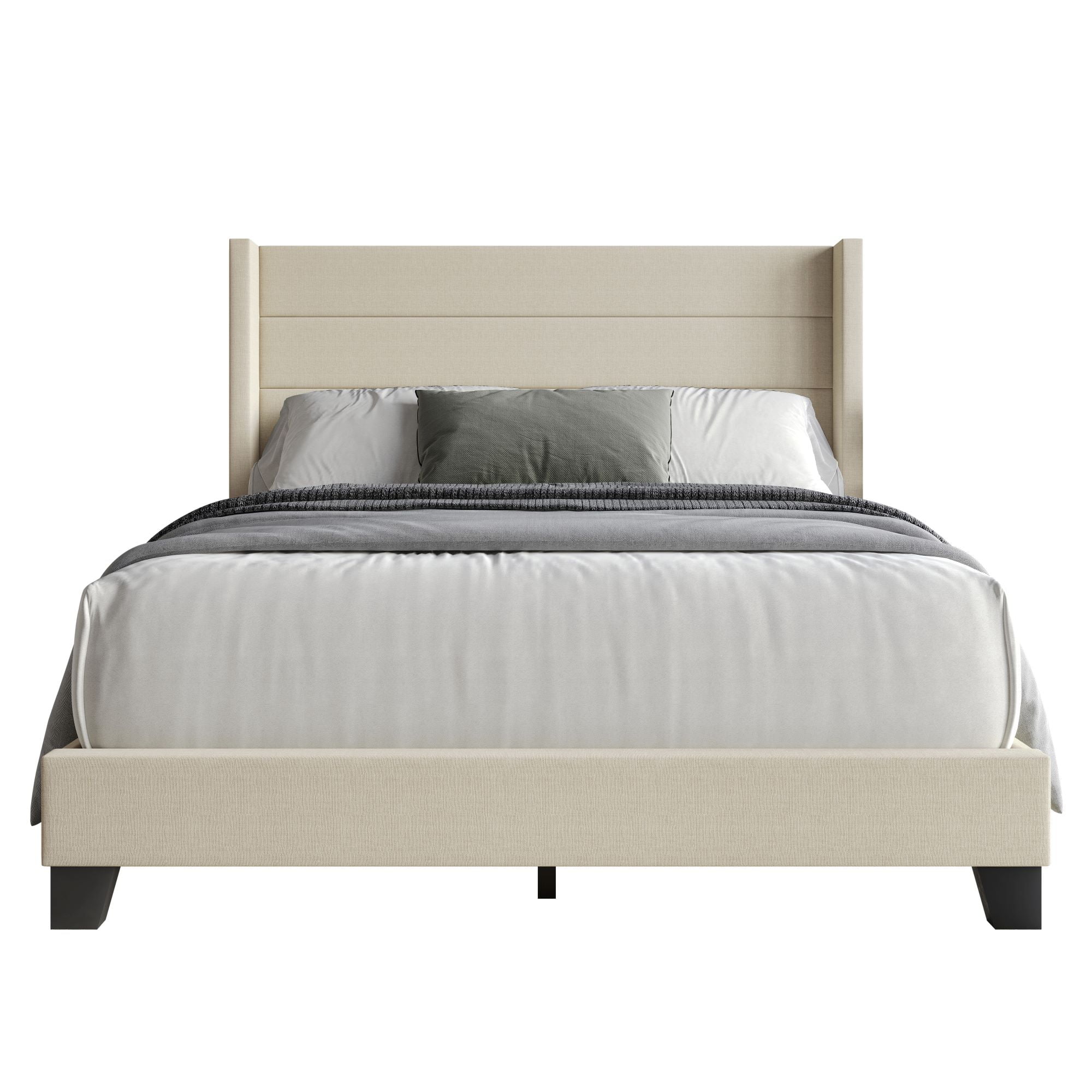 Home Design Niles Twin Upholstered Panel Bed Frame with Wingback Headboard and Foam-Padded Support, Beige, Easy Assembly