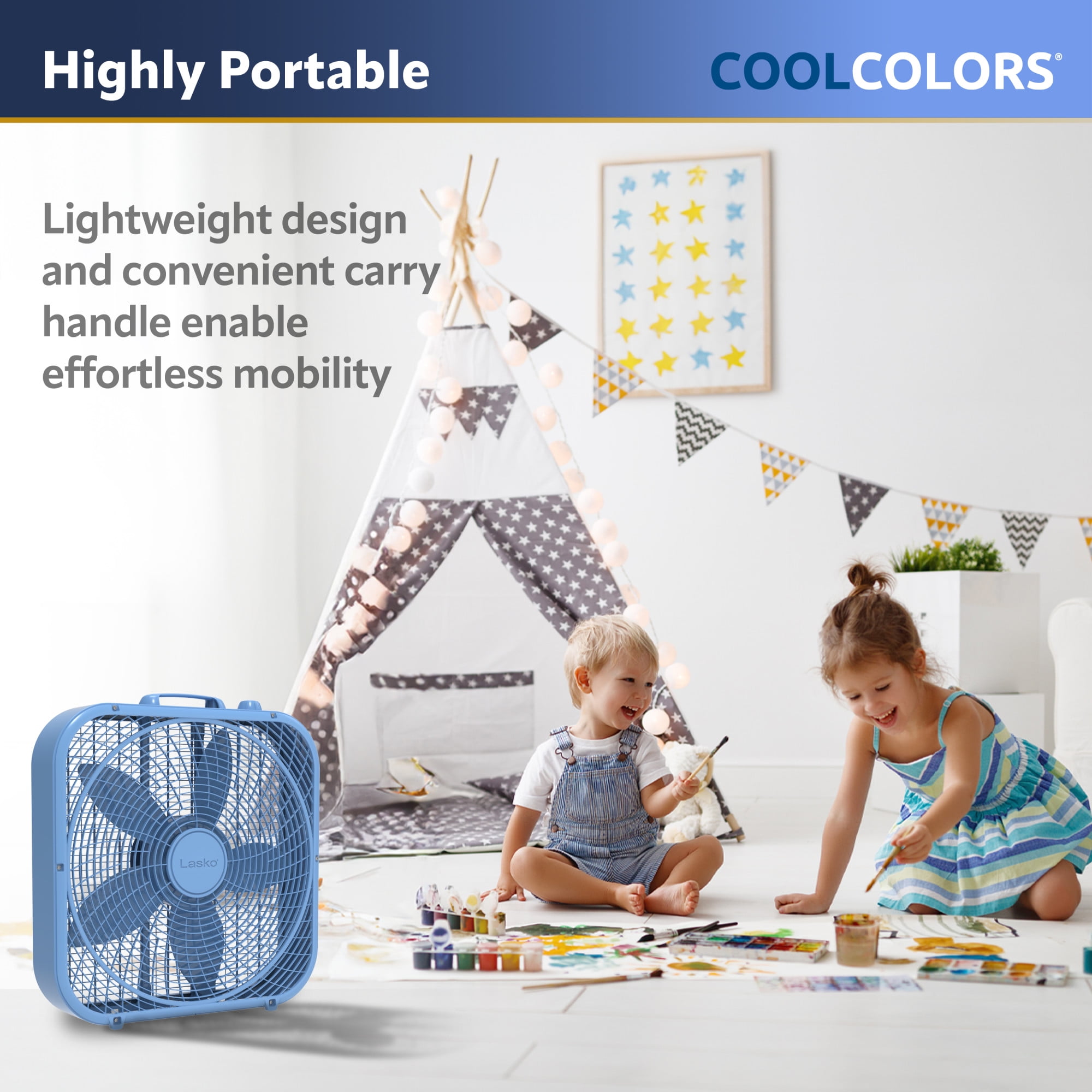 Lasko 20" Cool Colors Classic Box Fan with Weather-Resistant Motor, Portable Cooling Floor or Window Fan, 3 Speeds, Tranquil Blue, B20310