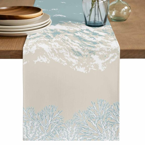 Blue Coastal Coral Cotton Linen Table Runner for Dining Kitchen, Summer Beach Ocean Abstract Art Wedding Outdoor Party Tablerunners Decoration, Dresser Scarf Coffee Tablecloth Runners 13x90 Inches