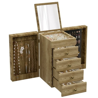 AZULLIA 5-Layer Wooden Jewelry Box for Women with Mirror & 4 Drawers for Rings, Earrings, Necklaces, Racelets GB01