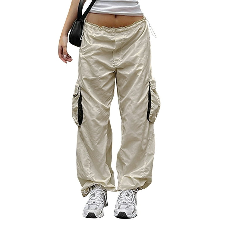 AMILIEe Women Trendy Wild Cargo Pants Drawstring Low Waist Large Pocket  Trousers Loose Straight Sweatpants 