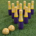 thumbnail image 5 of Lawn Bowling Game/Skittle Ball- Indoor/Outdoor Fun for Kids, Adults –10 Wooden Pins, 2 Balls, and Mesh Bag Set by Hey! Play! (8 Inch -Purple/Yellow), 5 of 6