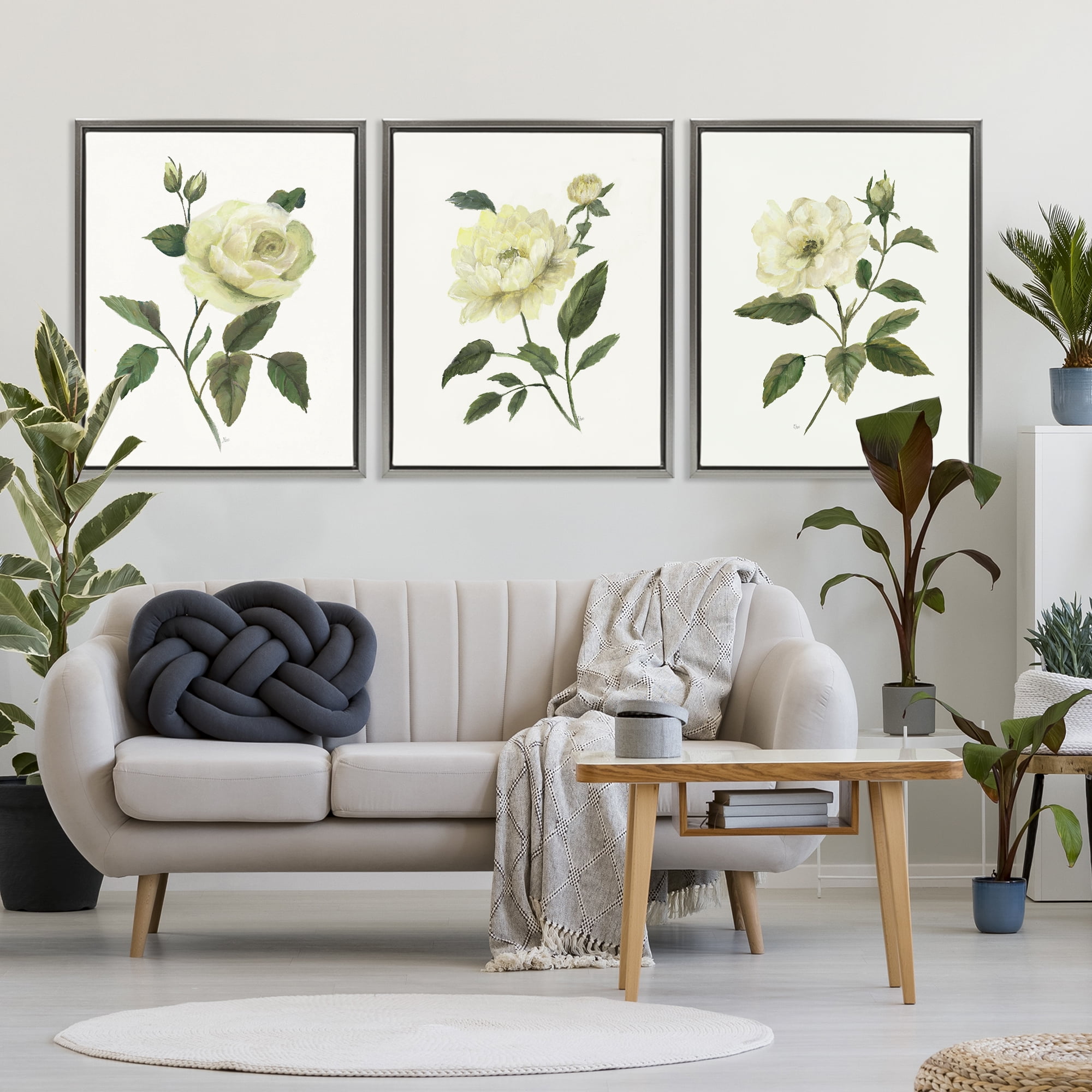 Stupell Industries Ivory Budding Garden Flowers 3 Piece Gray Framed Floater Canvas Set, design by Nan