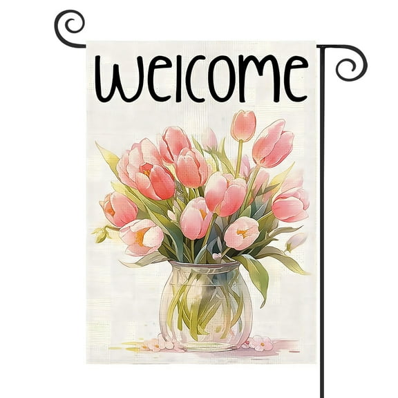 DMERBYL Spring Welcome Garden Flag for Outside 12x18 Inch Double Sided Burlap, Pink Tulips Small Flags Holiday Yard Floral Sign Outdoor Decoration