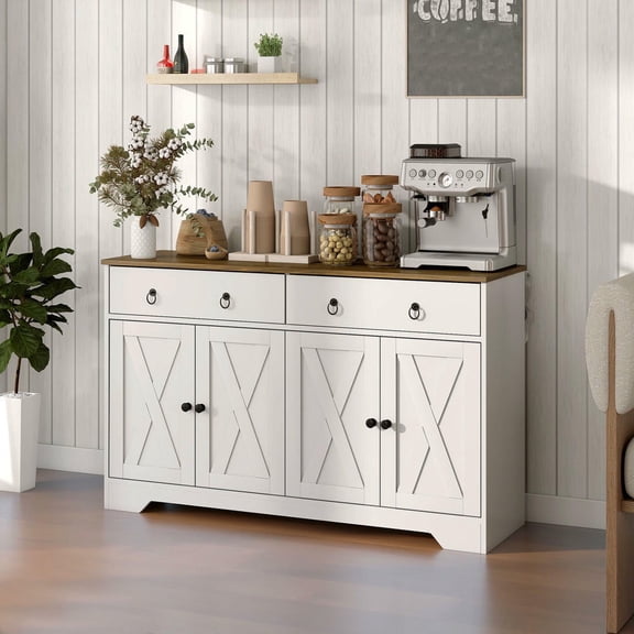 Barara King Sideboard Buffet Cabinet with Barn Style Doors, Drawers and Adjustable Shelves, Kitchen Storage Cabinet for Kitchen, Living room, White