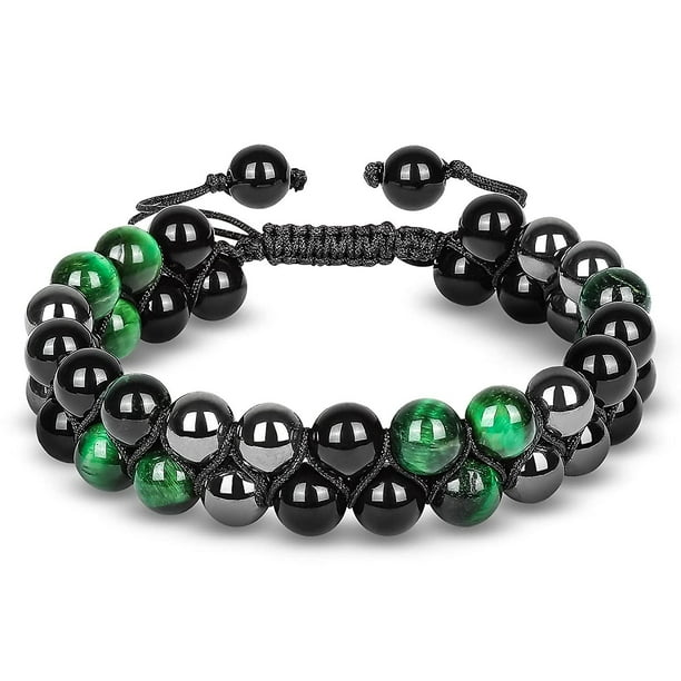 Pulseras de ojo de tigre verde para hombres, mujeres, pulsera de protección triple curativa, pulseras de cuentas de cristal de obsidiana de hematita natural de 8 mm que traen suerte y salud