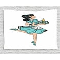 thumbnail image 1 of Pin up Girl Tapestry, Pony Tail Haired Waitress in Polka Dot Dress Brings Beer Orders, Wall Hanging for Bedroom Living Room Dorm Decor, 60W X 40L Inches, Seafoam and Pale Peach, by Ambesonne, 1 of 2
