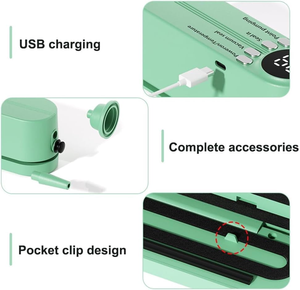Mini Cordless Vacuum Sealer, 3 In 1 Rechargeable Wireless Handheld Vacuum Sealer, Cordless Portable Package Resealer, Wireless Handheld Vacuumsealer, For Candies Snacks Food Storage (Green)