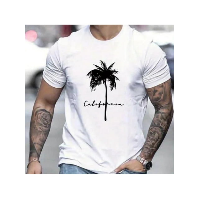 Camiseta con estampado de cocotero californiano beige para hombre. Casual, de algodón transpirable, corte regular, manga corta y cuello redondo. Lavable a máquina. Ideal para cualquier temporada.