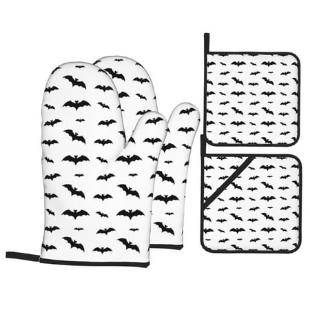 

Oven Mitts and Pot Holders Sets 4 pcs cool black bats halloween Non-Slip Oven Gloves Potholders Soft Quilted Lining Heat Resistant Gloves Hot Pads for Kitchen Cooking Baking
