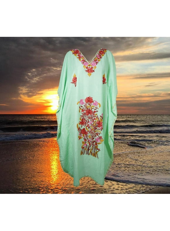 Womens Kaftan Maxidress, Travel Maxi Dresses, Mint Green Embroidered Caftan Dresses, One size