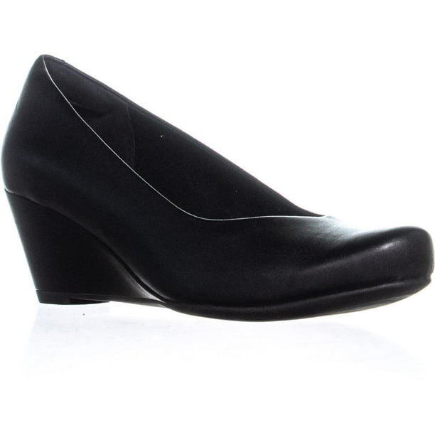 Clarks - Womens Clarks Flores Tulip Slip On Wedge Pumps, Black Leather ...