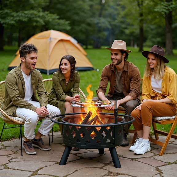 GVN Garden Fire Pit, Outdoor Fire Pit,30" Outdoor Metal Fire Pit with Cooking Grates, Black