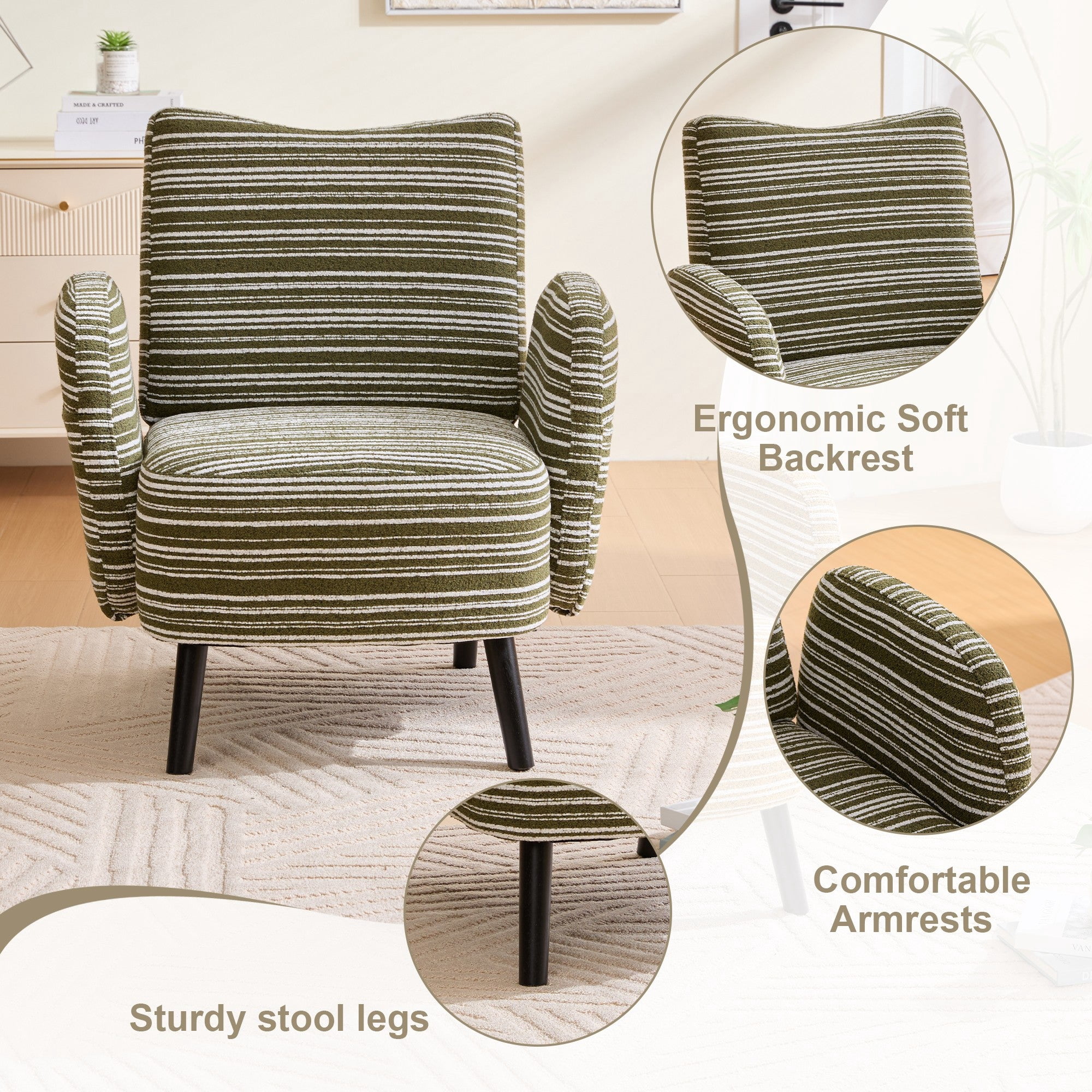 Sailvan Modern Armchair,Sanded Fabric Reading Chair with Side Storage Pocket & Solid Wood Legs for Living Room,Bedroom & Office Olive Green