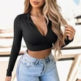thumbnail image 2 of Womens Long Sleeve Crop Tops T Shirts Quarter Zip Lined V Neck Fitted Fall Clothes for Women Tees Blouses, 2 of 5