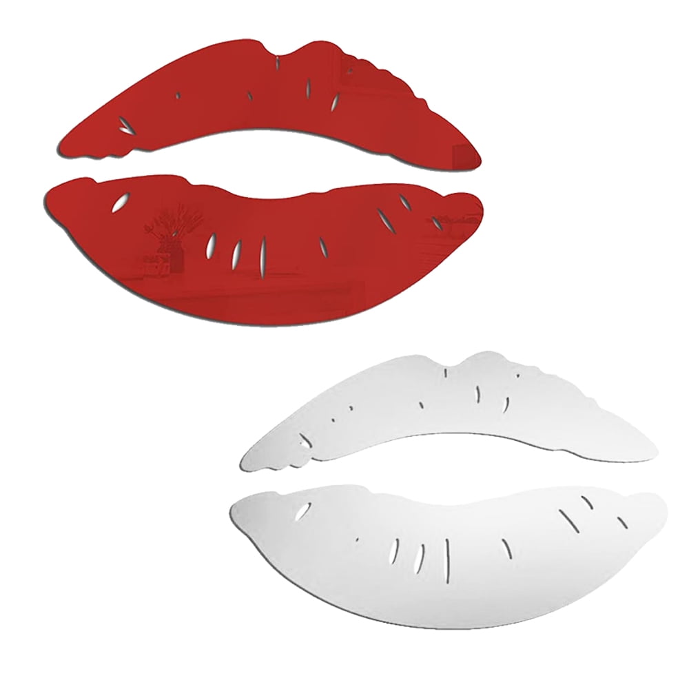 2Pcs Lips Acrylic Mirror Wall Sticker 3D Decorative Mirror Sticker -Red + Silver