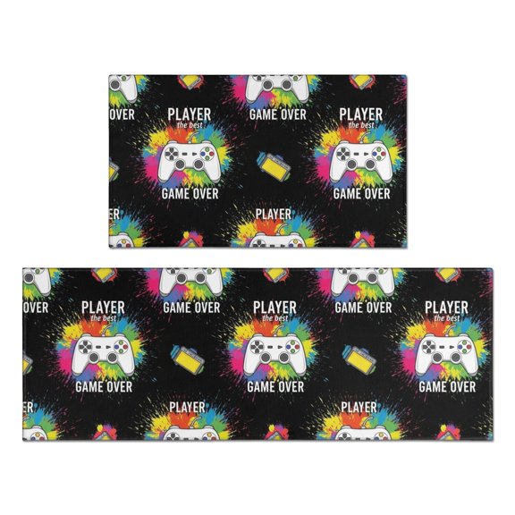 Game Controller Black Pattern Anti Fatigue Kitchen Rugs Set Of 2, Non Slip Washable Decorative Floor Mats for Kitchen Sink Laundry, 17"x30" and 17"x47"