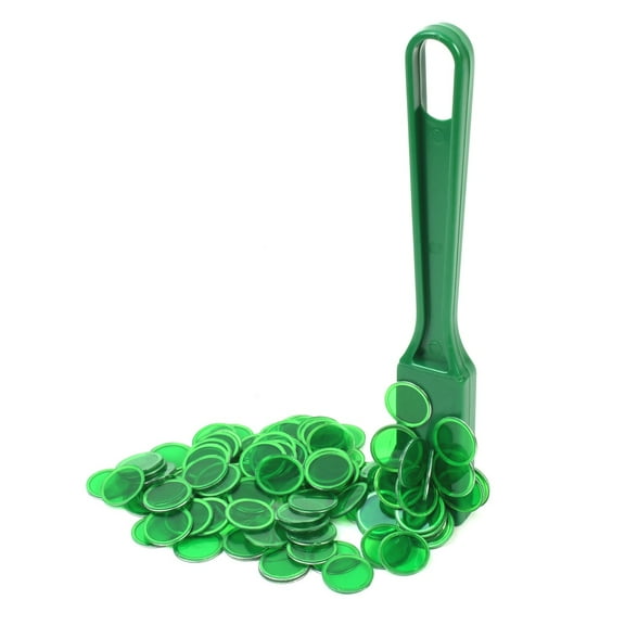 100 Clear Green Magnetic Bingo Chips and Wand Set Hard Card Plastic Game Markers