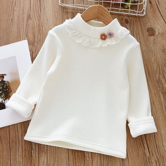 Bnwani Long Sleeve Toddler Shirts Girls White Winter Crew Neck Fleece Velvet Warm Lace Tops 3-4t