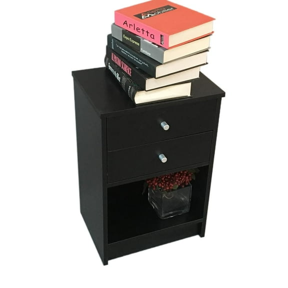 Hassch 2-Drawer Night Stand, Side Table with Open Shelf, Accent End Table for Small Space, Living Room, Bedroom, Black