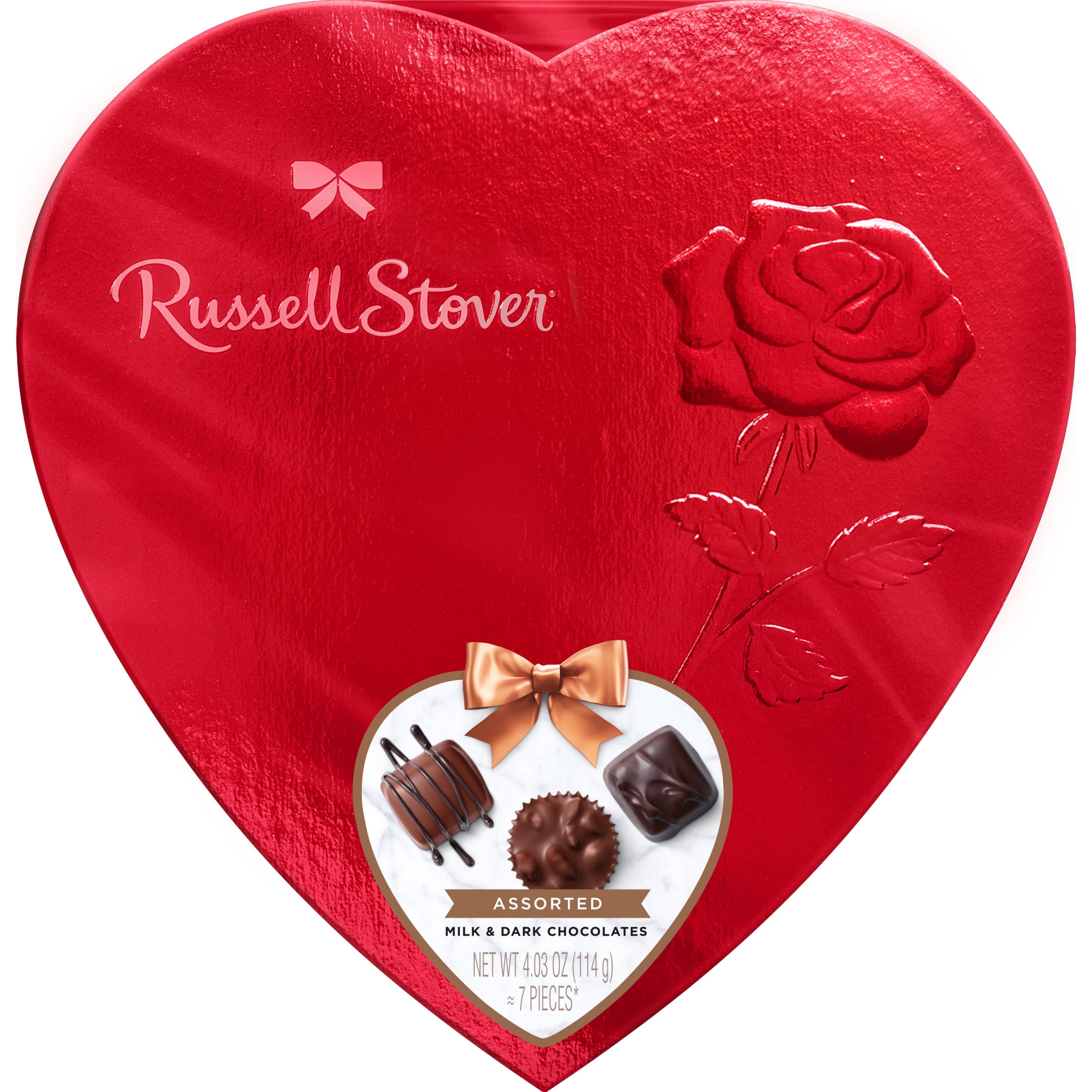 Russell Stover Valentine's Day Red Foil Heart Assorted Milk & Dark Chocolate Candy Gift Box, 4.03 oz.