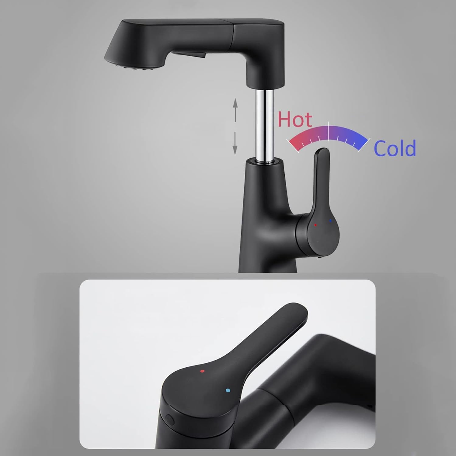 Bathroom Faucet with Pull Out Sprayer, 360° Rotation 2 Modes Faucets for Bathroom, Single Hole Faucet for Bathroom Sink Brass, Bathroom Faucet Single Handle,Black