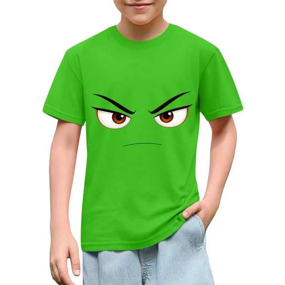 DAETIROS Boys Green Angry Face Graphic T-Shirt 100% Soft Cotton Short Sleeve Crewneck Tee Funny Novelty TopSize 4 T