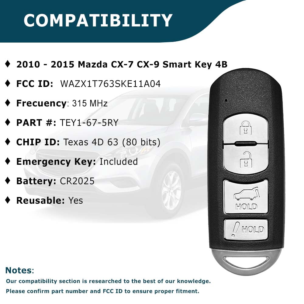 AKS KEYS Replacement for Mazda CX-7 CX-9 2010 - 2015 Smart Key 4 Buttons Fob (Lock, Unlock, Hatch & Panic) That Uses FCC WAZX1T763SKE11A04