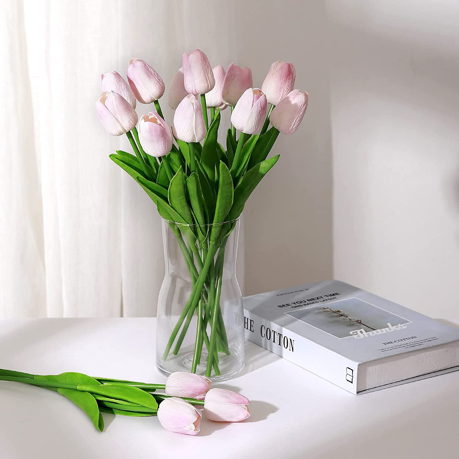 White Artificial Flowers 20 Pcs Faux Tulips PU Real Touch Fake Flowers for Home Office Wedding Decor Arrangement Bouquet Faux Flowers for Decoration