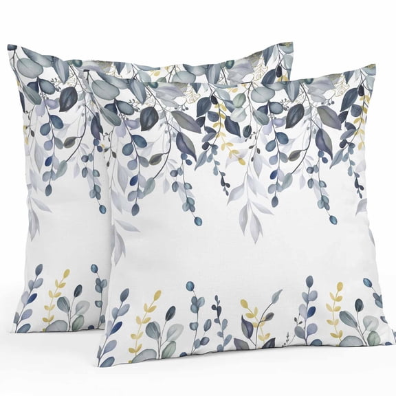Teal Gray Eucalyptus Leaves Throw Pillow Covers 16x16 Inch Set of 2, Farmhouse Botanical Watercolor Waterproof Outdoor Pillow Covers, Decorative Cushion Pillowcases for Couch, Sofa, Bed, Patio