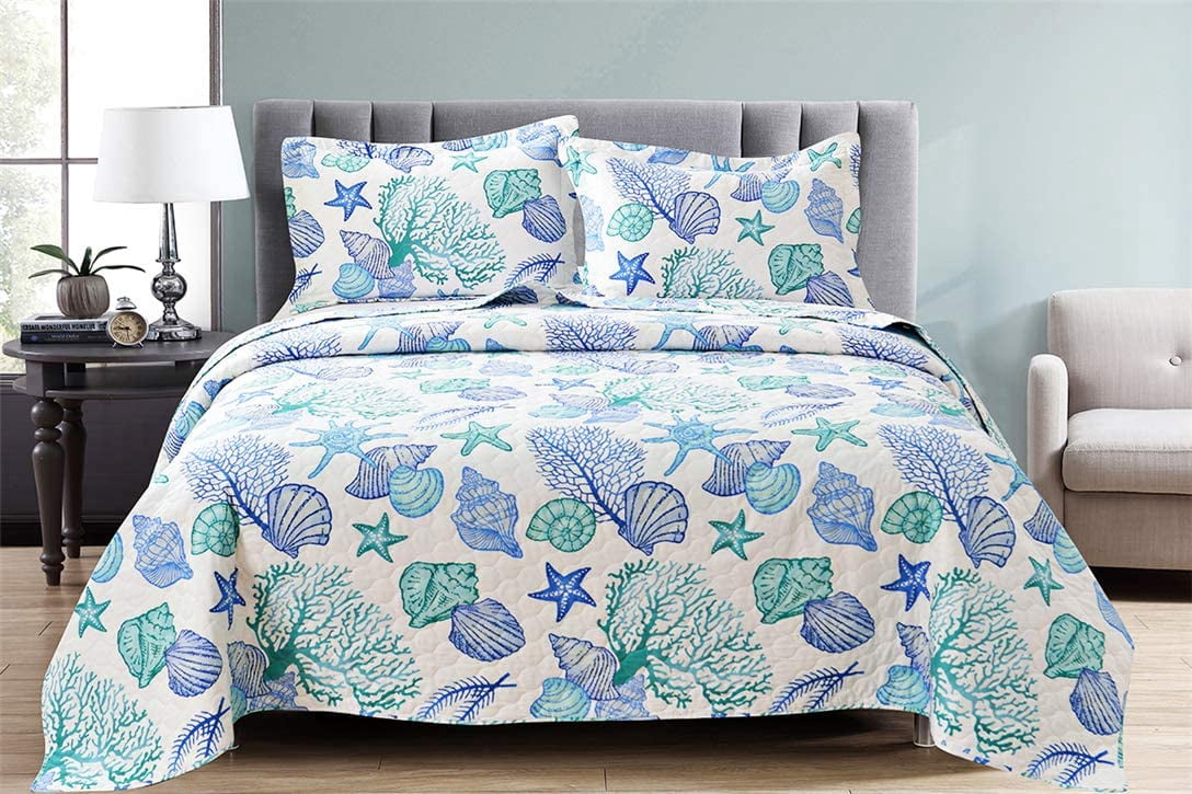 Beartech Ocean Quilt Twin Size Coastal Blue Bedspread Microfiber Cabin Bedding Set