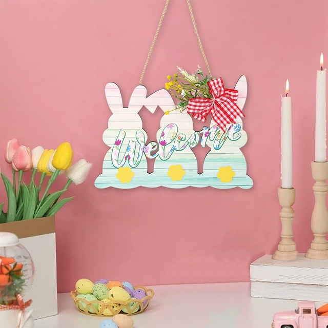 Fiudx Corona de Pascua, Letrero Colgante de Madera Colorido, Decoración de Bienvenida de Primavera, Fácil de Colgar para Interiores y Exteriores, Perfecta para La Puerta de Entrada, El Porche y El Ho
