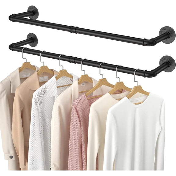 2 Pack Clothing Rack Wall Mount, Industrial Pipe Clothes Rack 38.4IN,Heavy Duty Iron Garment Rack Bar for Closet,Laundry Room, Multi Purpose Hanging Rod,Black