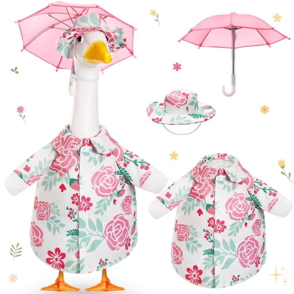 Large Outdoor Umbrella 23 Inch Porch Goose Statue Outfit, Pink Floral Cotton Fabric Front Yard Garden Lawn Outdoor Holiday Decorations