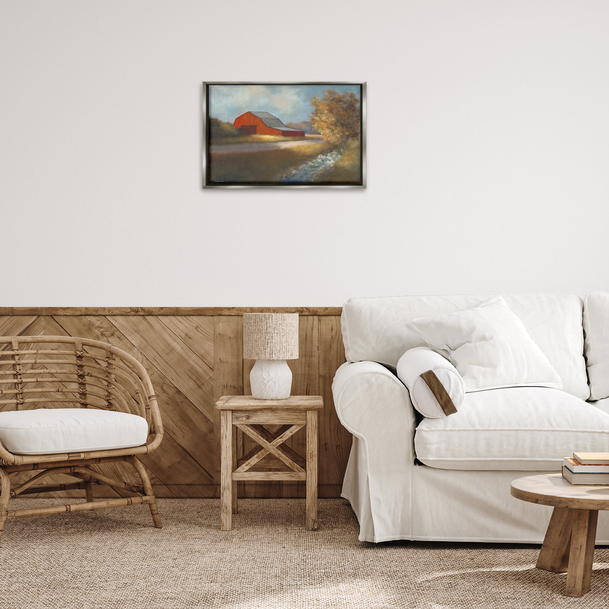 Stupell Industries Traditional Red Barn Landscape Painting Gray Floater Framed Canvas Art Print Wall Art, 25 x 17