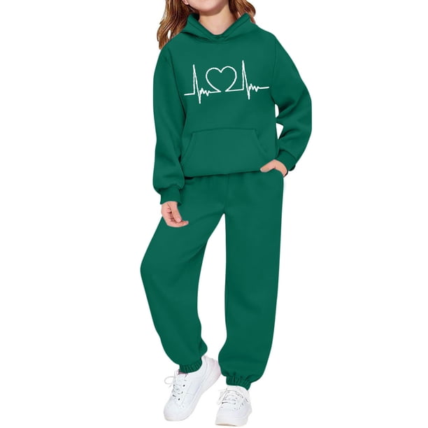 Conjunto de sudadera con capucha de manga larga para niños con estampado en forma de corazón y pantalones deportivos con lazo en las piernas, conjunto deportivo informal de dos piezas para niños, poli