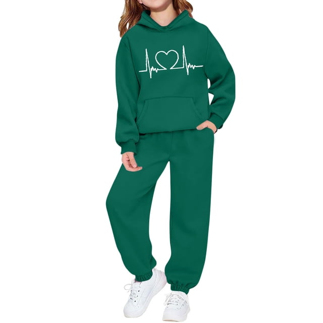 Conjunto de sudadera con capucha de manga larga para niños con estampado en forma de corazón y pantalones deportivos con lazo en las piernas, conjunto deportivo informal de dos piezas para niños, poli