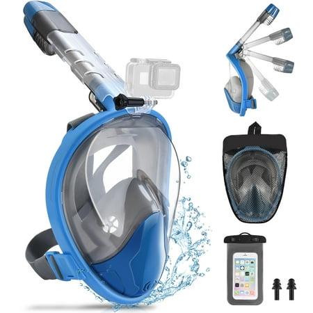 Snorkel Mask with 180° View, Anti-Fog Snorkeling Mask Full Face, with Camera Mount, Storage Bag, Waterproof Phone Pouch and Earplug,