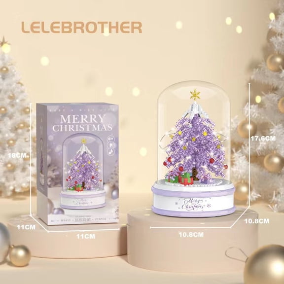 Purple Christmas Tree Building Blocks Set with Glass Dome, LED Light Up Xmas Tree Ornament Gift, Creative DIY Decoration Toy for Kids and Adults, Holiday Home Décor Gift Box