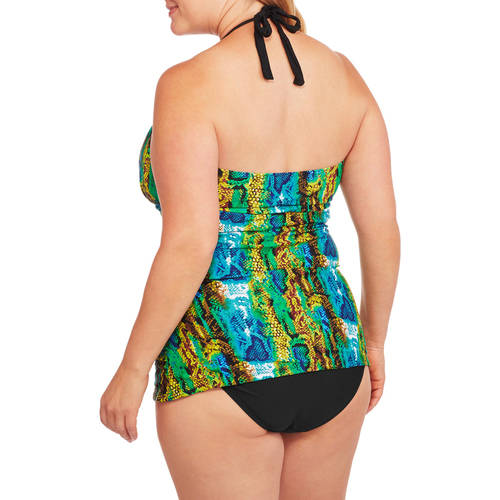 Women's Plus-Size Snakeprint Bandeau Tankini Swimsuit Set with Matching Sarong