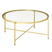 HOMCOM Modern Round Coffee Table with Tempered Glass Tabletop, Accent Side Table with Metal Frame for Living Room, Bedroom, Gold