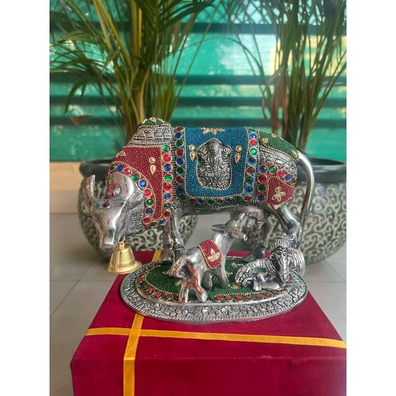 German silver cow and calf statue with stone work for home temple/ gift item