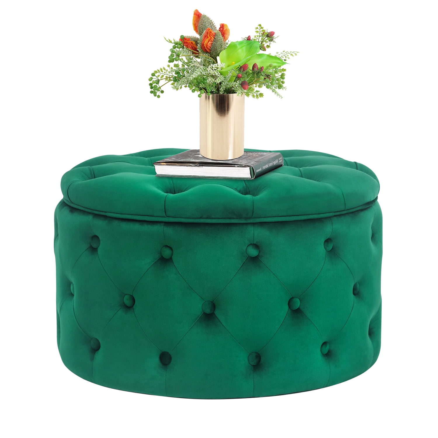 Joveco Round Velvet Storage Ottoman Footrest Stool Button Tufted Bench