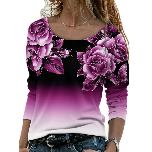 LUXUR T-shirt Col Rond Femme Chic Quotidien Rose Rouge 4TG