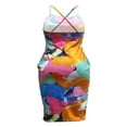 thumbnail image 3 of Women Halter Bodycon Sleeveless Ruched Spaghetti Strap Tie Dye Printing Club Party Mini Dress, 3 of 6