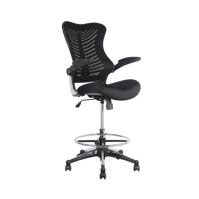 Office Factor Tabouret Commis Caissier Chaise de Dessin Réception Maille Noire Accoudoirs Relevables Siège Moulé avec Mécanisme à une Poignée Simple (Tabouret Tissu Maille Noir)