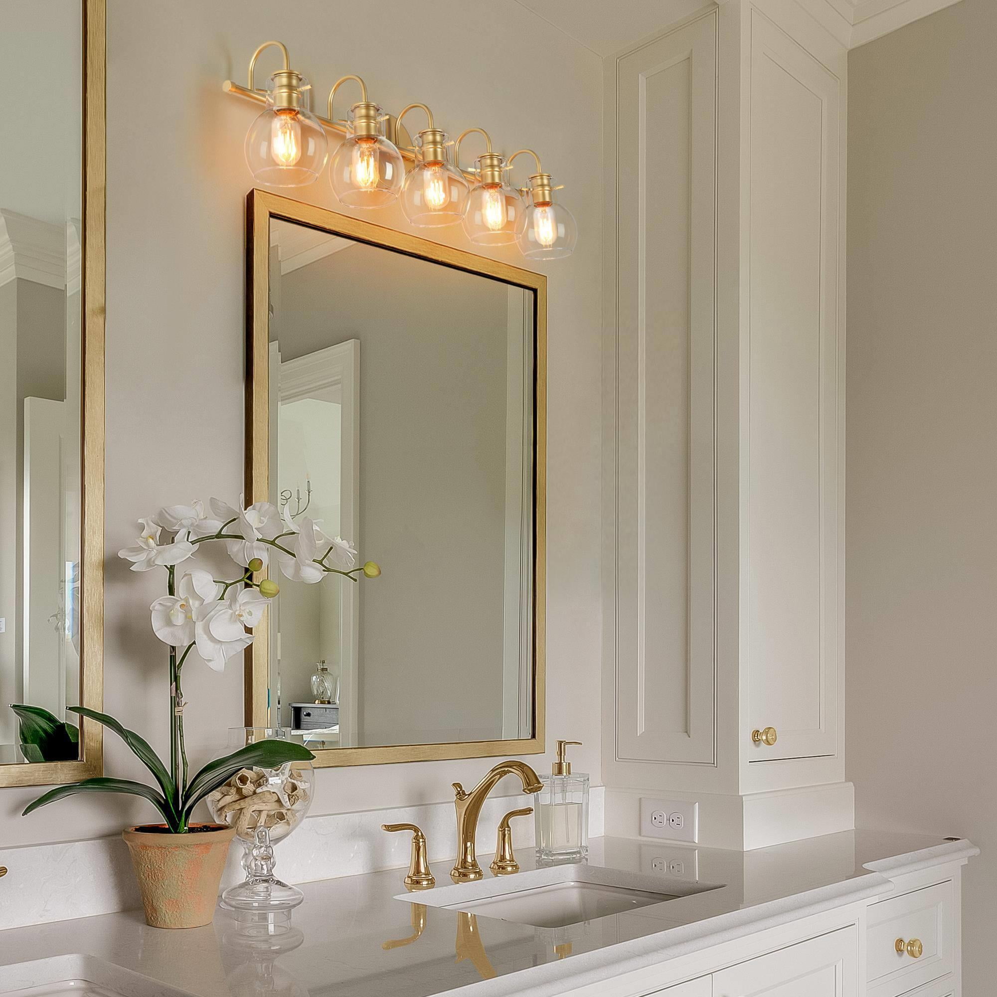 LNC 5-Light Gold Round Clear Glass Modern Bathroom Vanity Lighting Fixutre,25.5"Lx9"Hx7"D