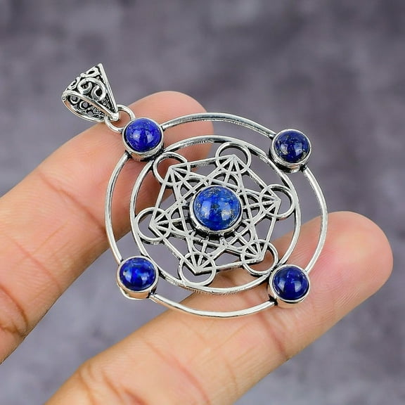 Natural Lapis Lazuli Gemstone Handmade 925 Sterling Silver Pendant 2.17"