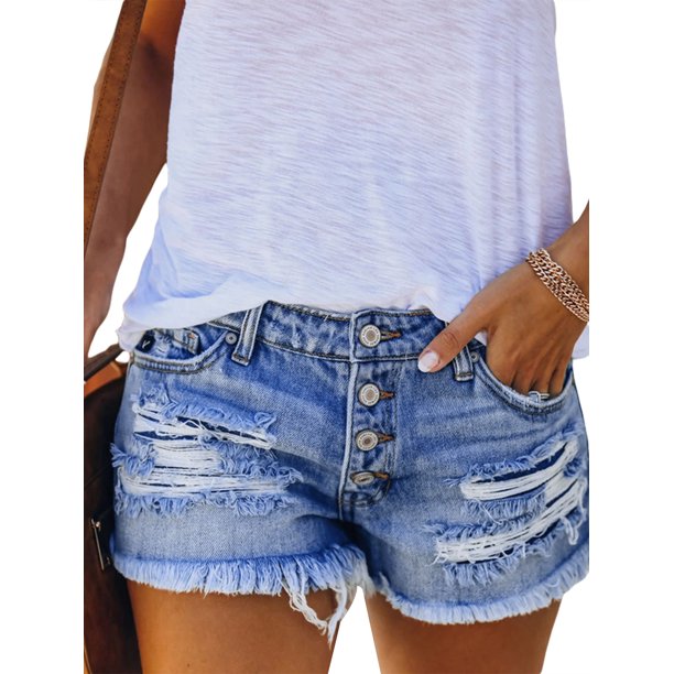 Eyicmarn Eyicmarn Womens Casual Denim Shorts Frayed Raw Hem Ripped